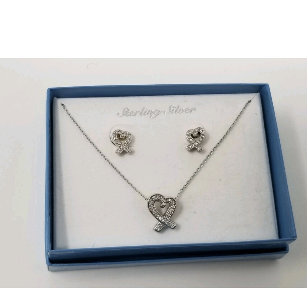 Tresor De La Mer Sterling and Rhinestone Heart Ribbon Pendant and Earrings